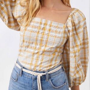 Maeve Anthropologie Plaid Puff Sleeve Square Neck Blouse Size Medium